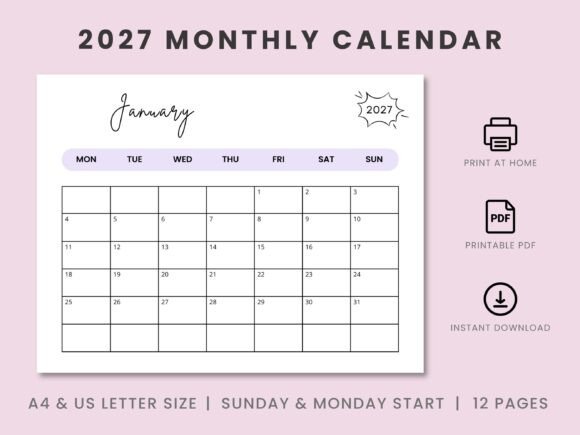 2027 Landscape Monthly Calendar Template