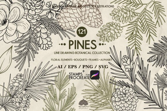 Pine Forest Line Drawing Collection Graphic Illustrations By HappyWatercolorShop