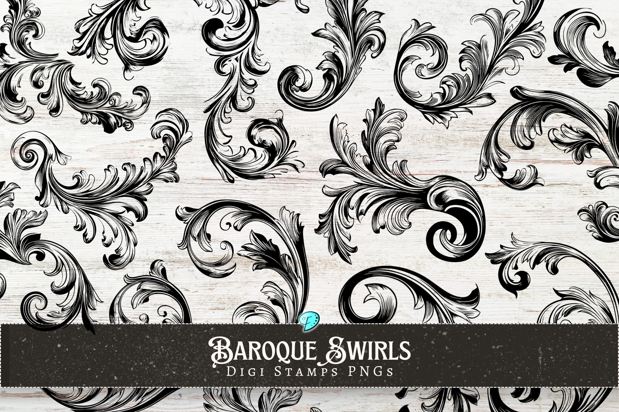 Baroque Swirls Digi Stamps PNGs Clipart