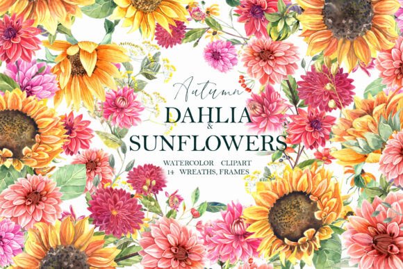 Dahlia and Sunflower Wreaths and Frames Graphic Illustrations By evgenia_art_art