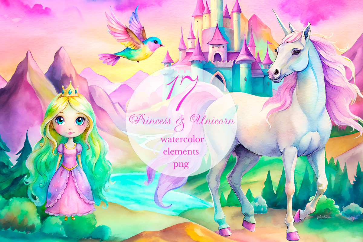 Princess and Unicorn Watercolor Set Png Graphic by Aurora Moon ...