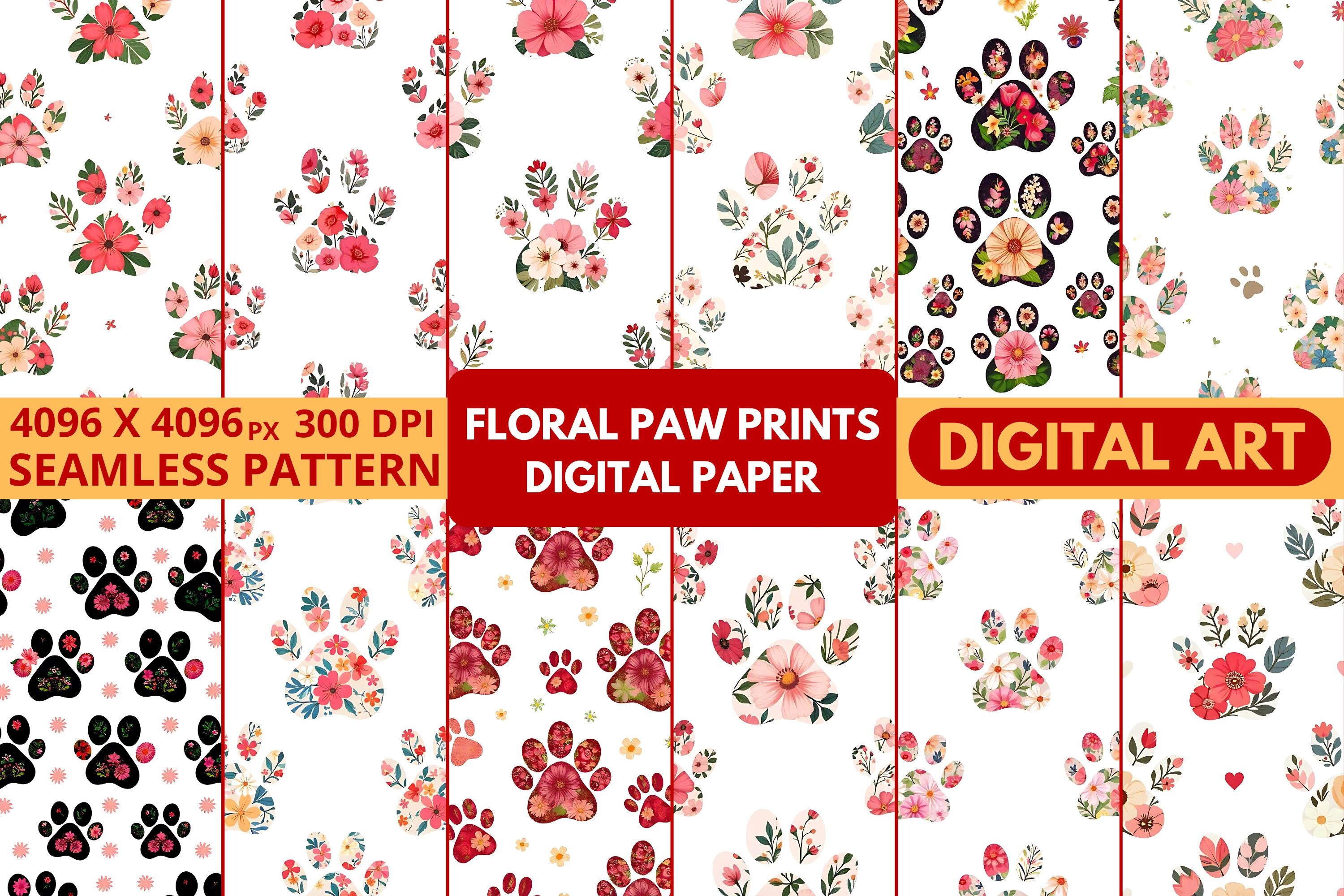 Floral Paw Prints Digital Paper Graphic by DIGITAL ART · Creative Fabrica