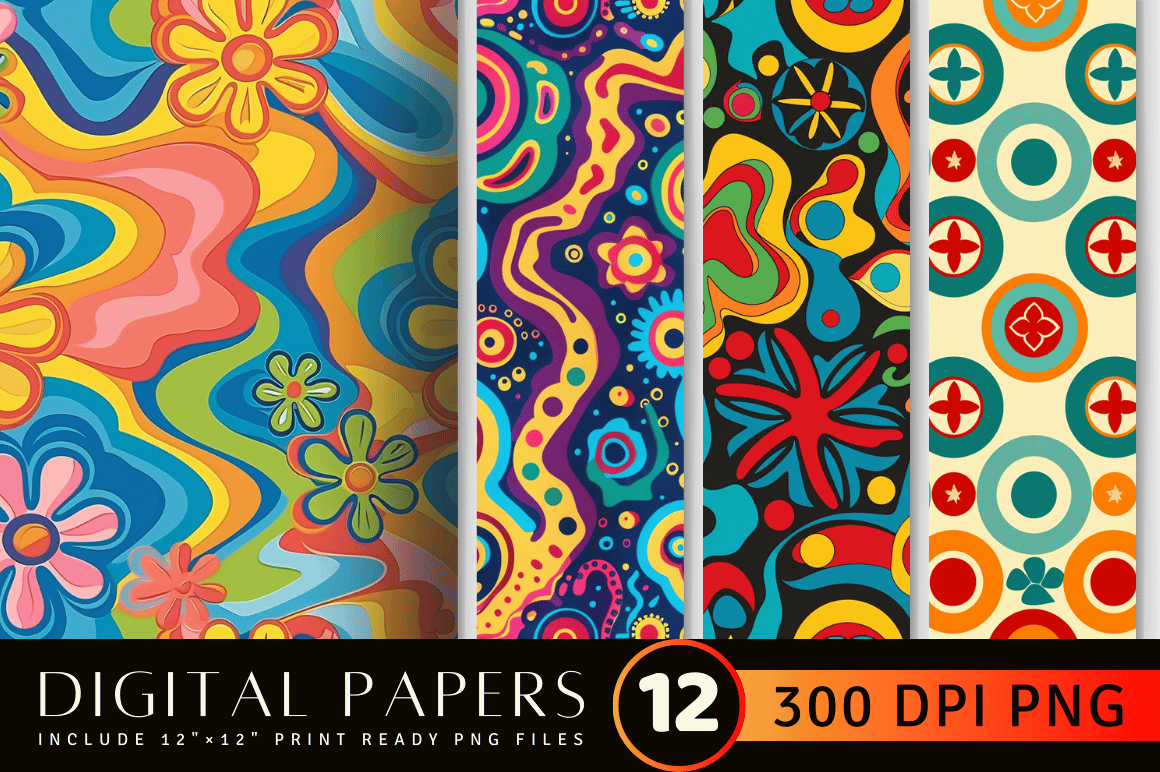 Hippie Retro Digital Paper Backgrounds Graphic by CraftyCakes ...