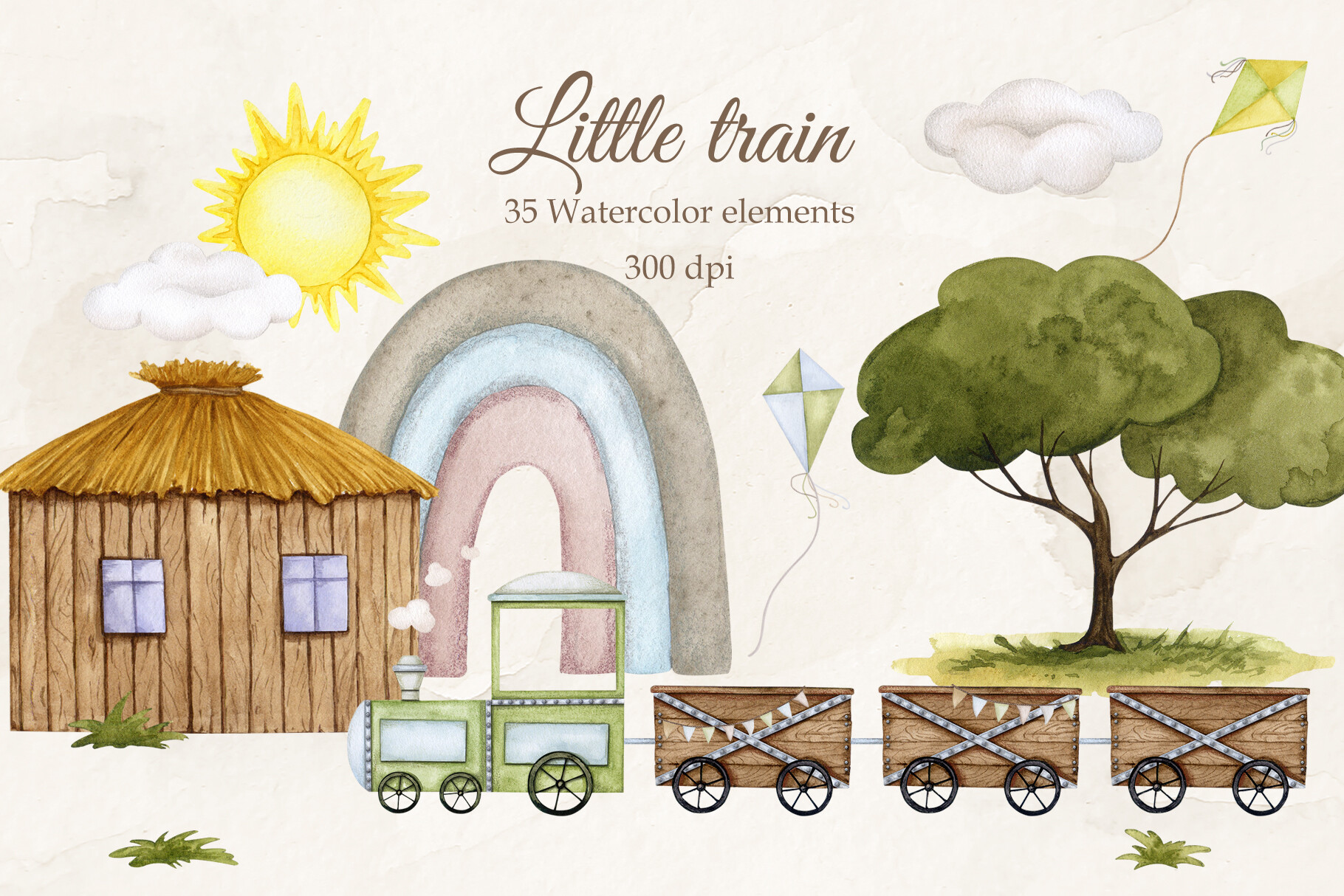 Little Train. Watercolor Clipart PNG