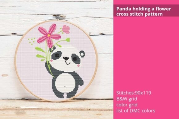 Panda Holding a Flower Cross Stitch