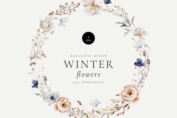 Winter Flowers Watercolor Wreath Graphic Illustrations By pavlova.j91