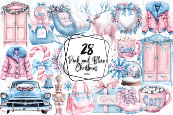 Pink and Blue Christmas Clipart Graphic by Markicha Art · Creative Fabrica