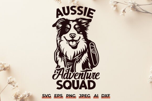 Australian Shepherd adventure squad SVG with mountains and outdoor scene