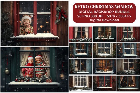 Preview of Retro Christmas Window Digital Backdrop digital backdrop