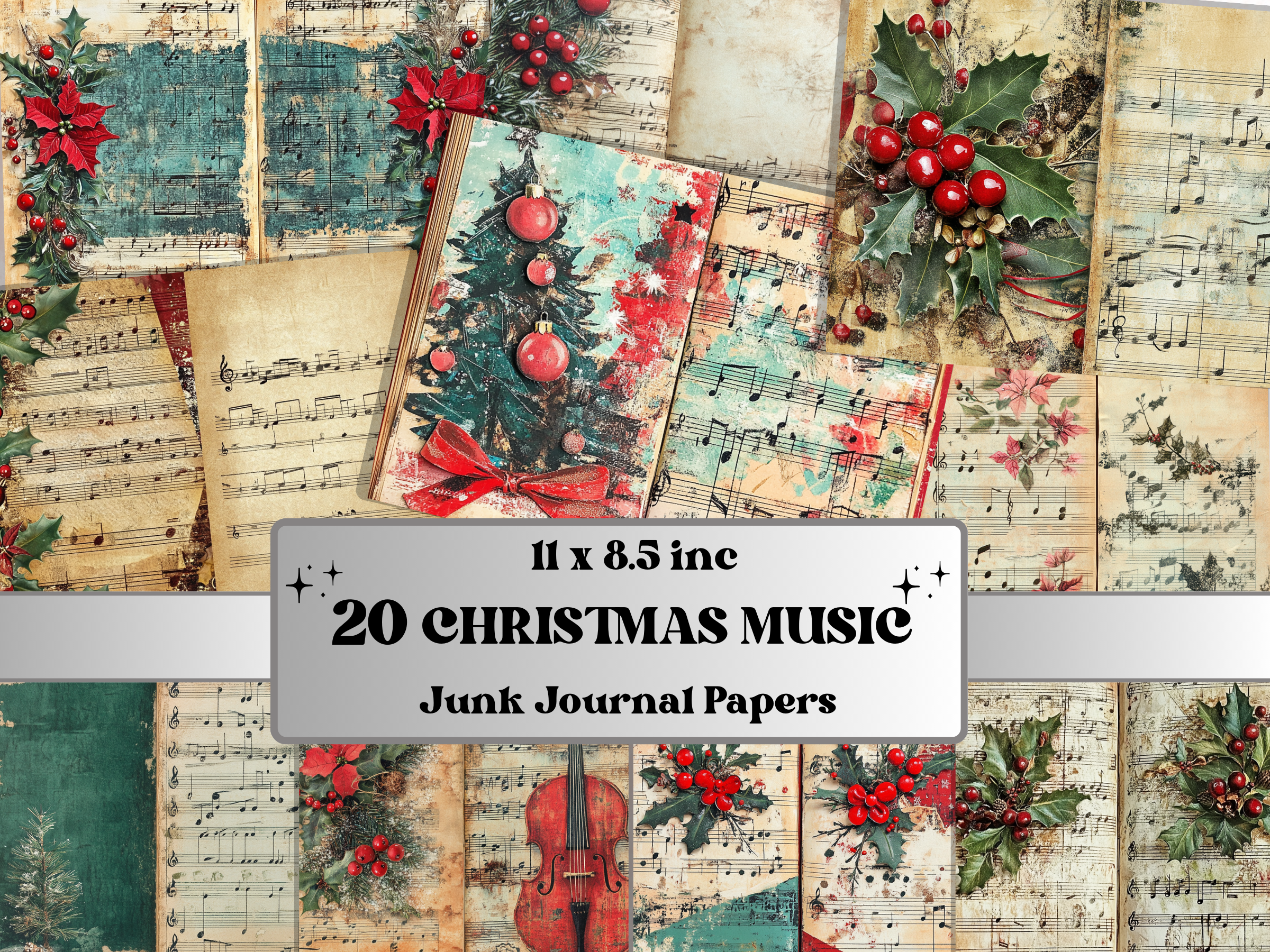 Christmas sheet music junk journal paper preview with music notes and holiday illustrations