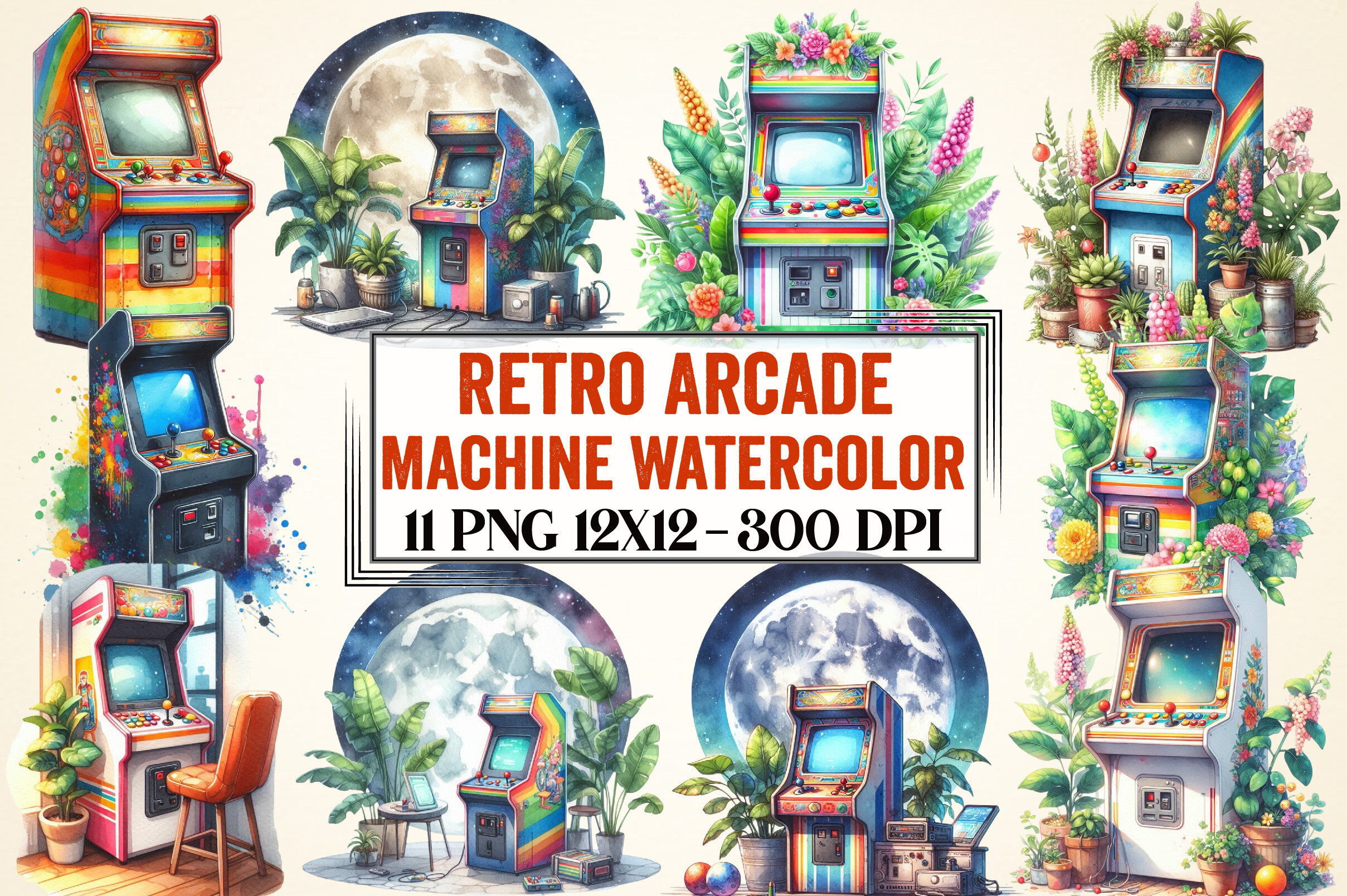 Retro Arcade Machine Watercolor