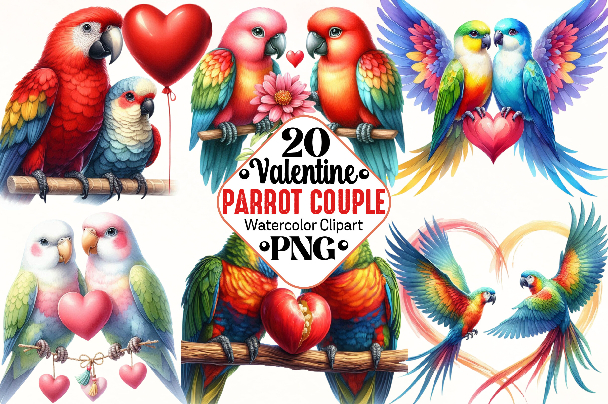 Valentine Couple Parrot Clipart Graphic by vintage.artist · Creative ...