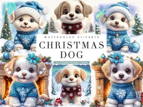 Watercolor Christmas dog clipart bundle for premium reversible boutique pet bandanas