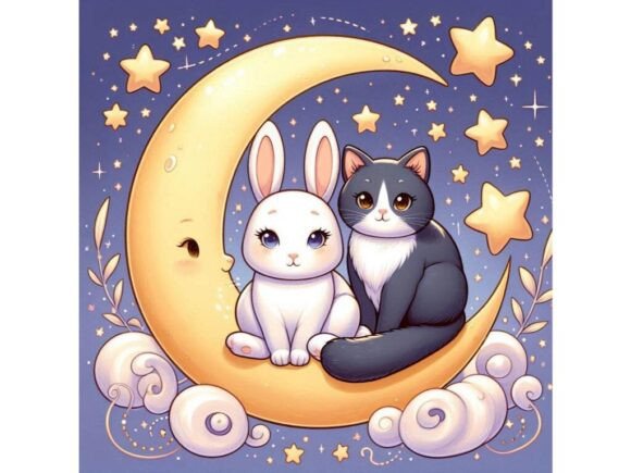 A Bunny and a Cat Sitting on a Crescent