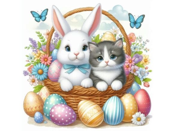 A Bunny and a Kitten Sitting in a Basket
