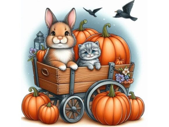 A Bunny and a Kitten Sitting in a Wagon