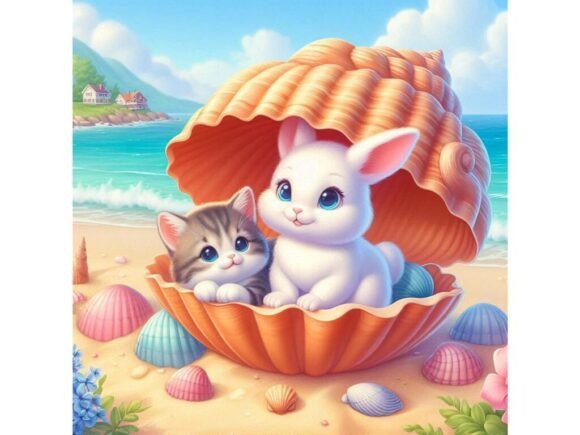 A Bunny and a Kitten Sitting Inside a Gi