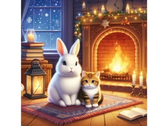 A Bunny and a Kitten Sitting on a Cozy R