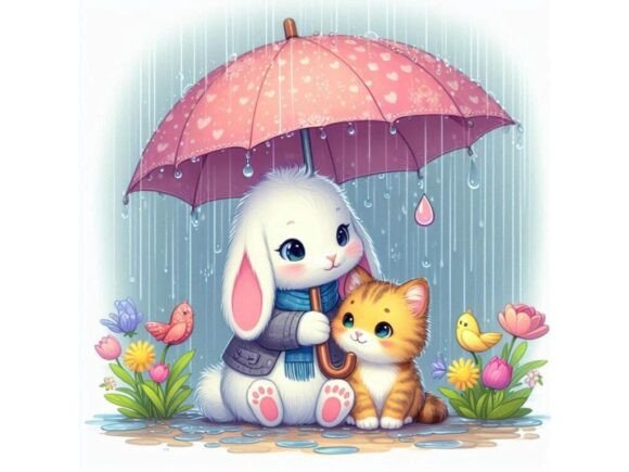 A Bunny and a Kitten Sitting Under an Um