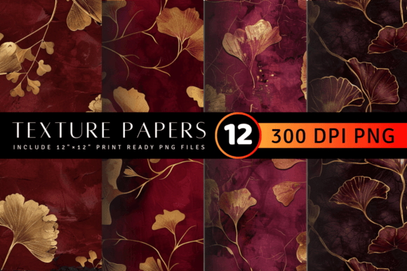 Burgundy and Gold Ginkgo Texture Digital