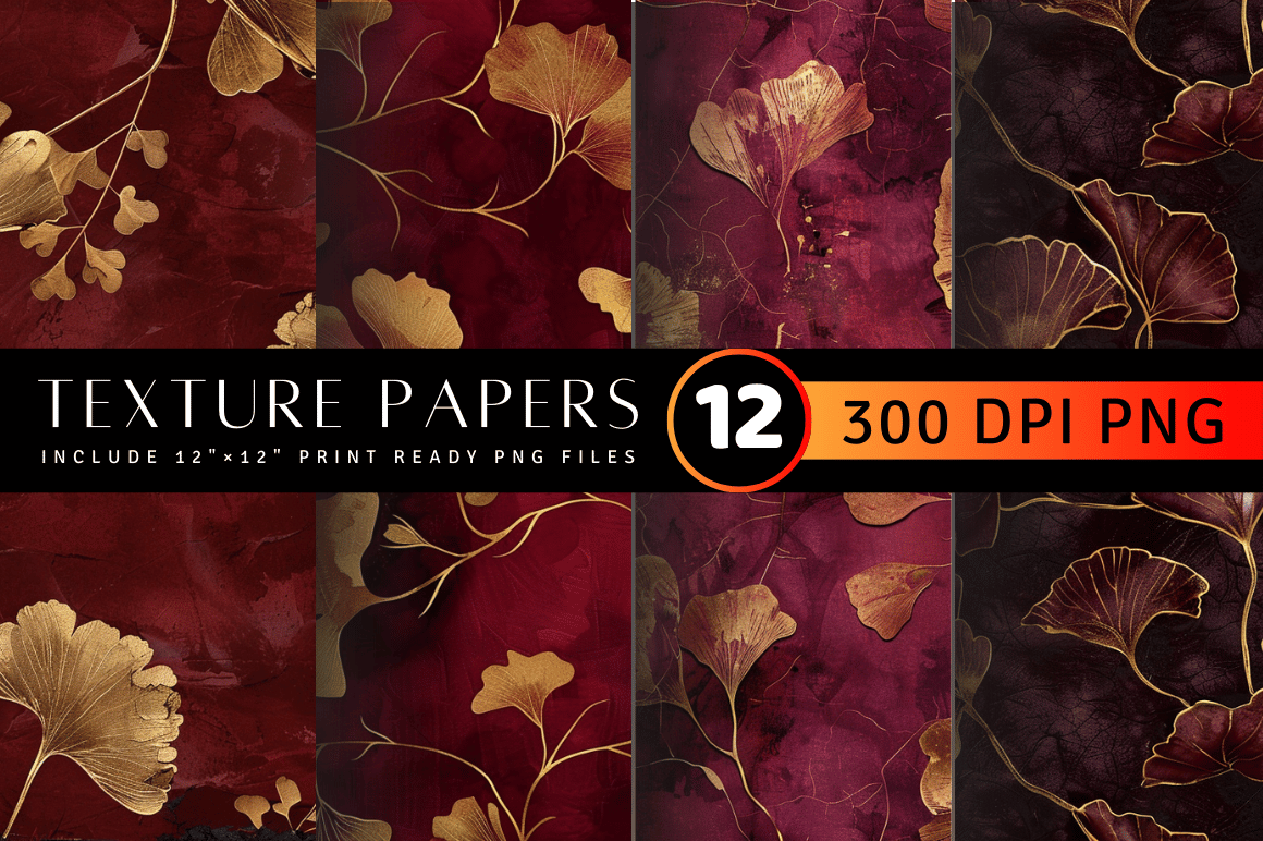 Burgundy and Gold Ginkgo Texture Digital