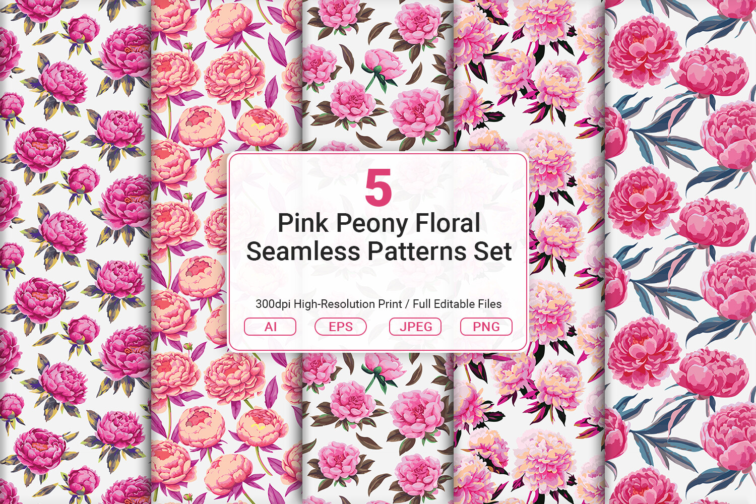 Pink Peony Floral Seamless Patterns Set Graphic by JUNDI · Creative Fabrica
