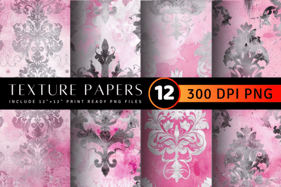 Pink and Silver Watercolor Damask Textur