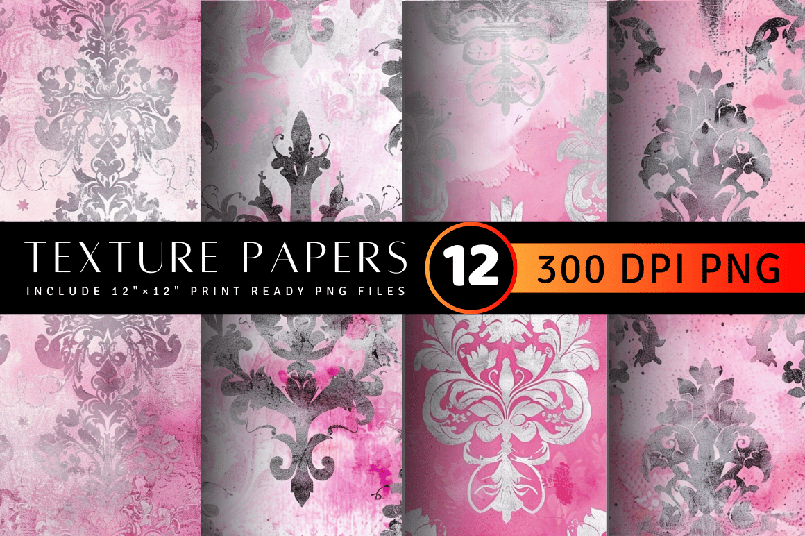 Pink and Silver Watercolor Damask Textur