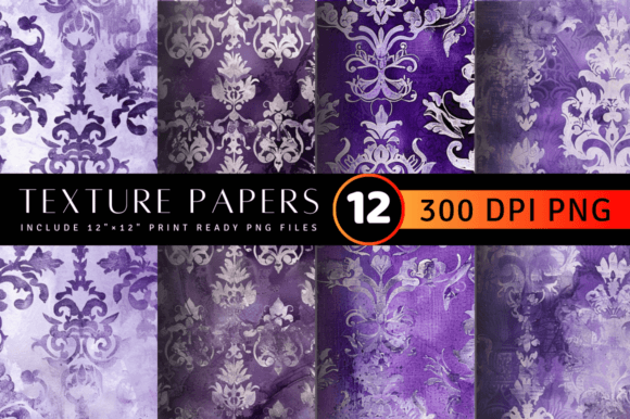 Purple and Silver Watercolor Damask Text