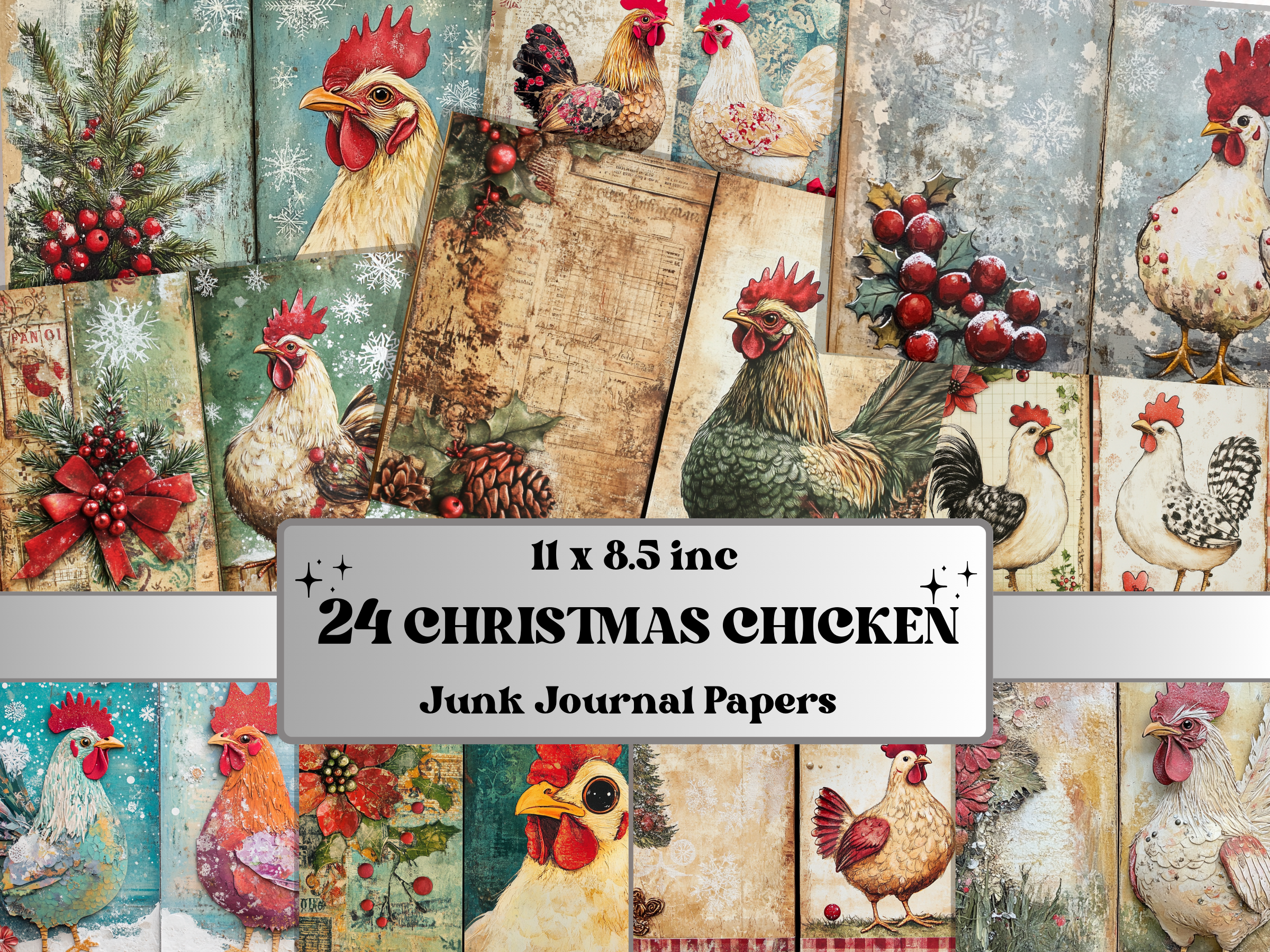 Christmas chicken junk journal paper preview with farmhouse holiday scenes