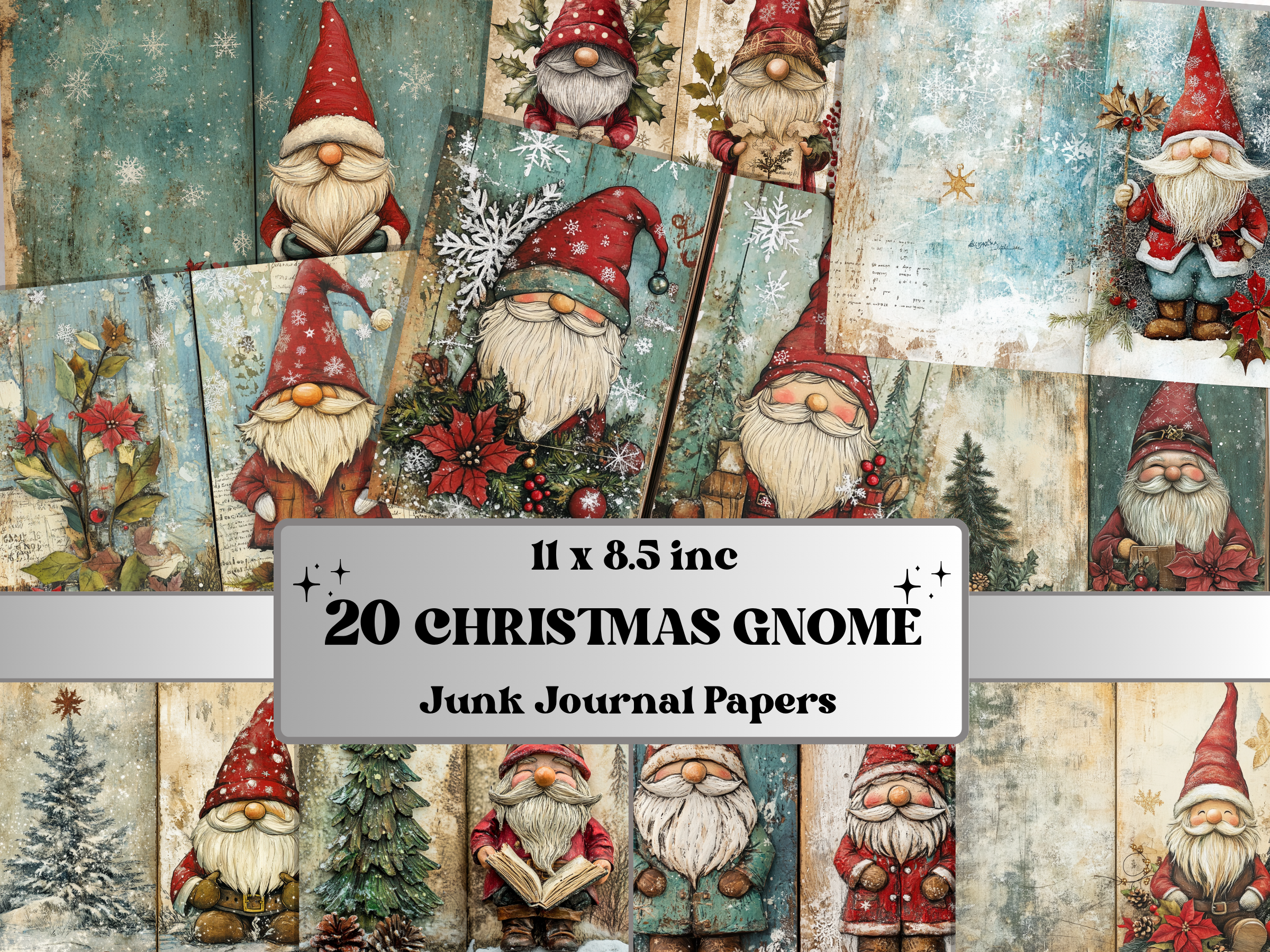 Christmas gnome junk journal paper preview with whimsical gnomes in holiday scenes