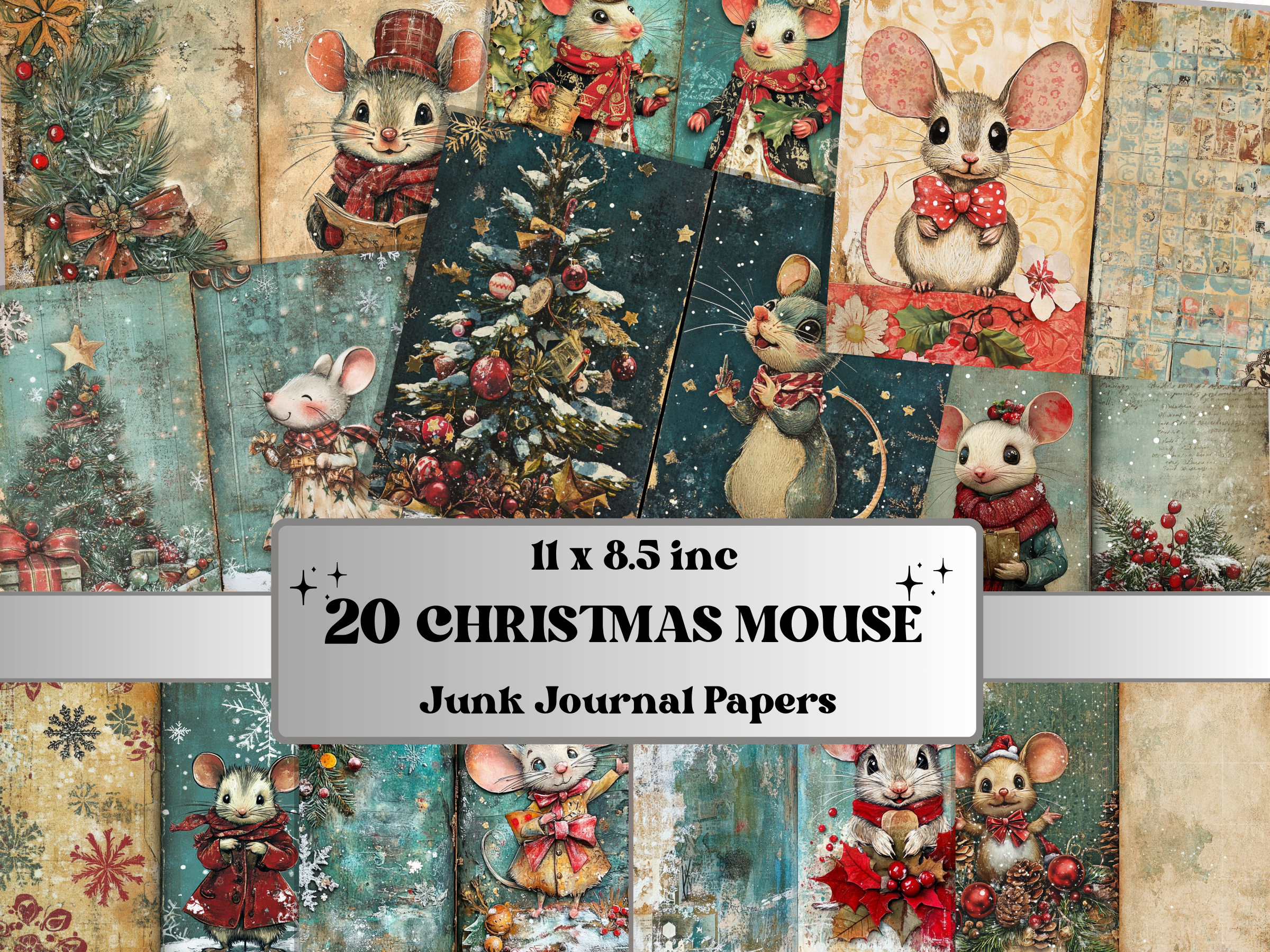 Christmas mouse junk journal paper preview with mice in festive scenes
