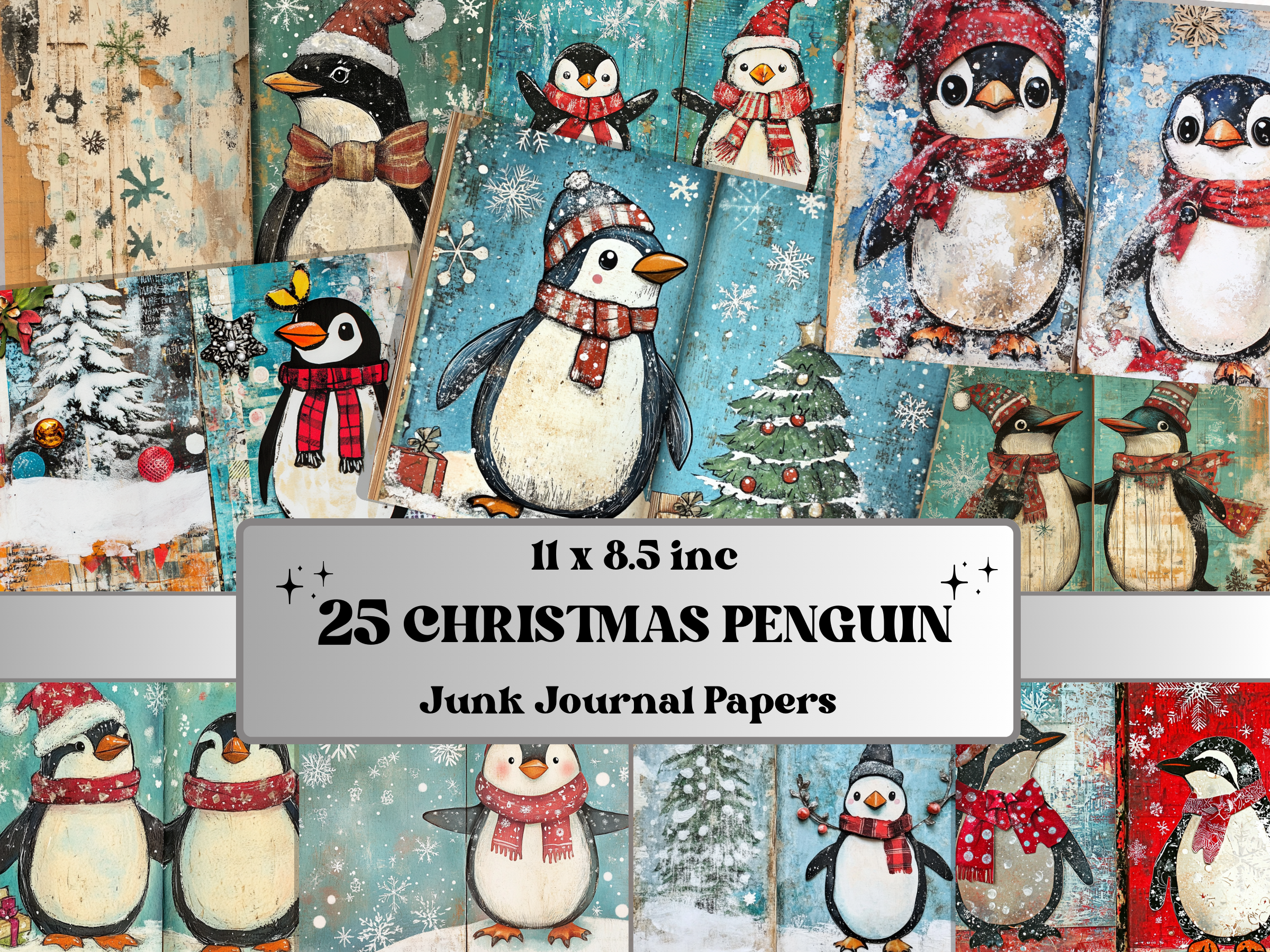 Christmas penguin junk journal paper preview with penguins in winter scenes