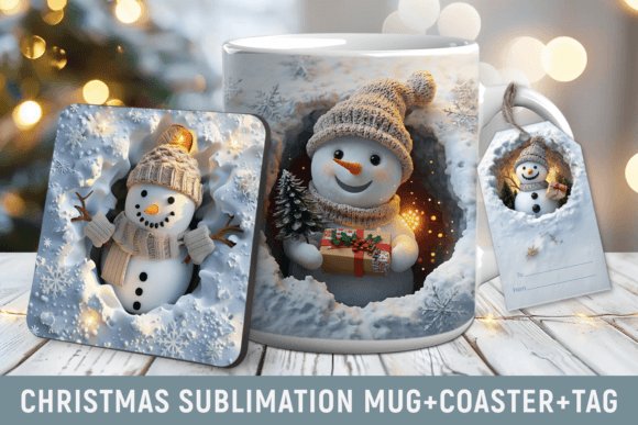 Christmas Mug, Snowman Mug Wrap, Coaster