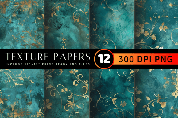 Teal and Gold Luxury Floral Texture Digi