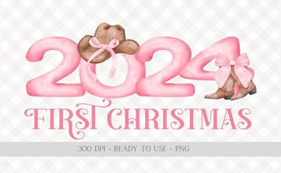 Pink Cow Girl First Christmas 2024 PNG