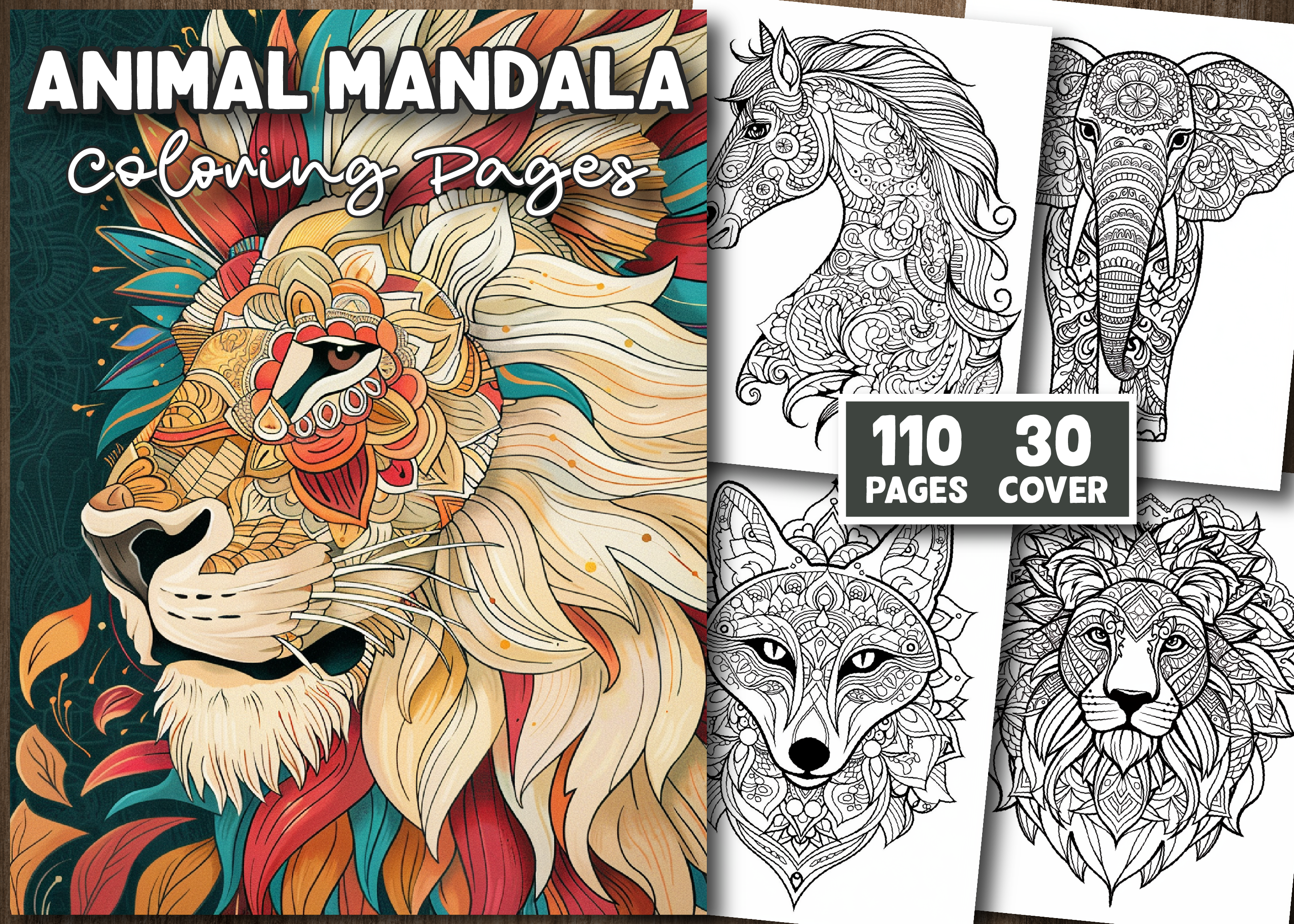 110 Animal Mandala Coloring Book Pages Graphic by Design Art · Creative ...
