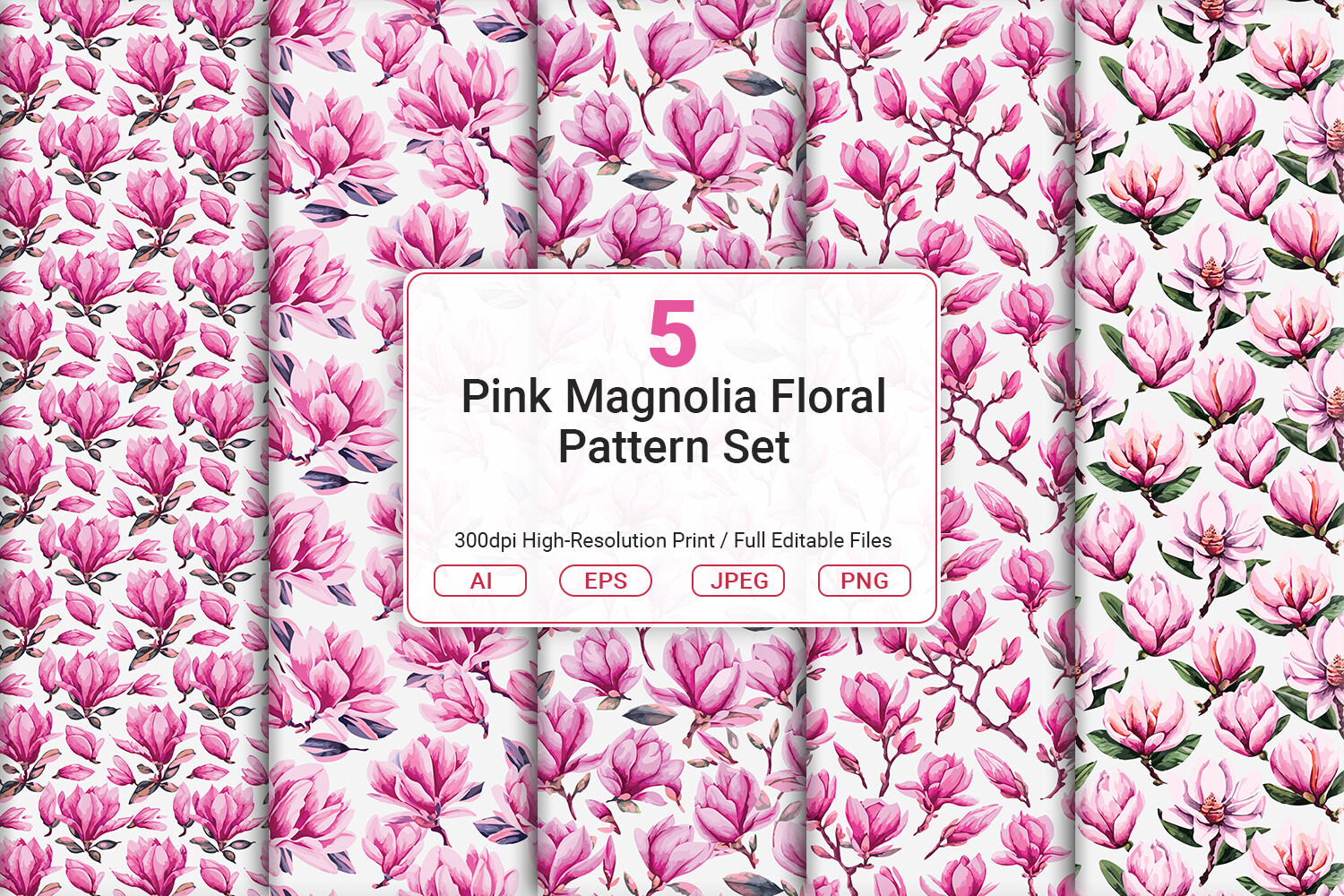 Pink Magnolia Floral Pattern Set Graphic by JUNDI · Creative Fabrica