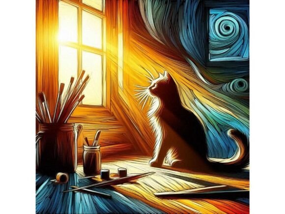 An Artistic Cat Sitting by a Window with