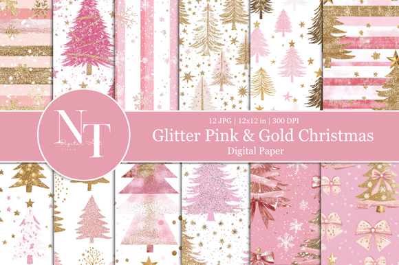 Glitter Pink Gold Christmas Digital Per