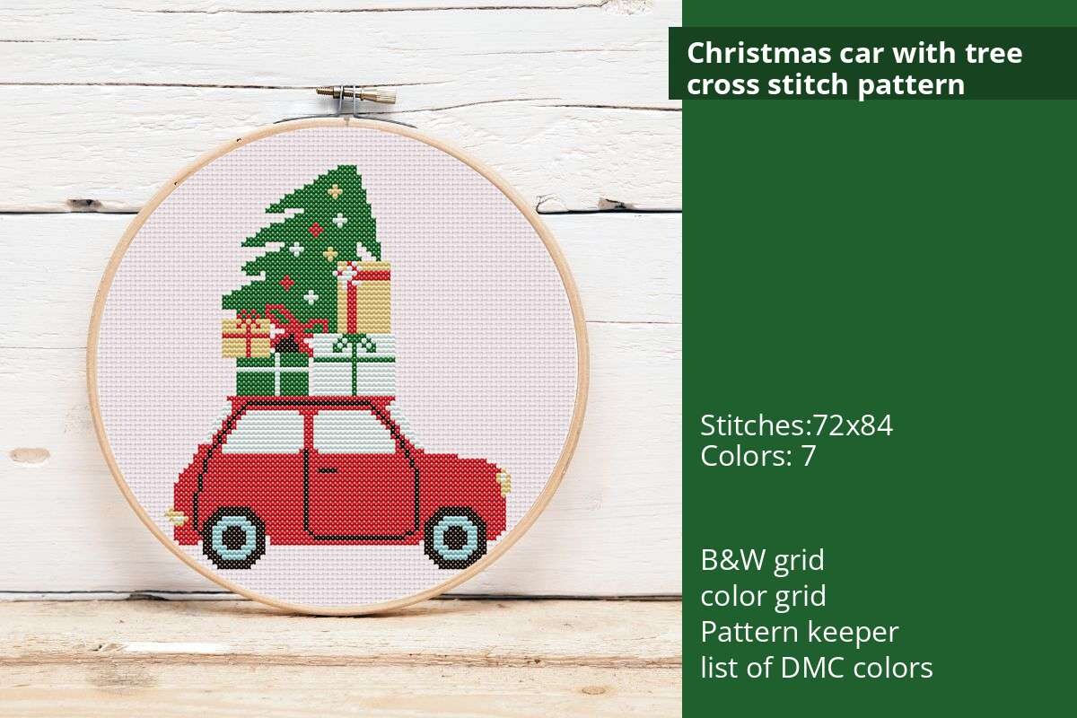 Christmas Car with Tree Cross Stitch