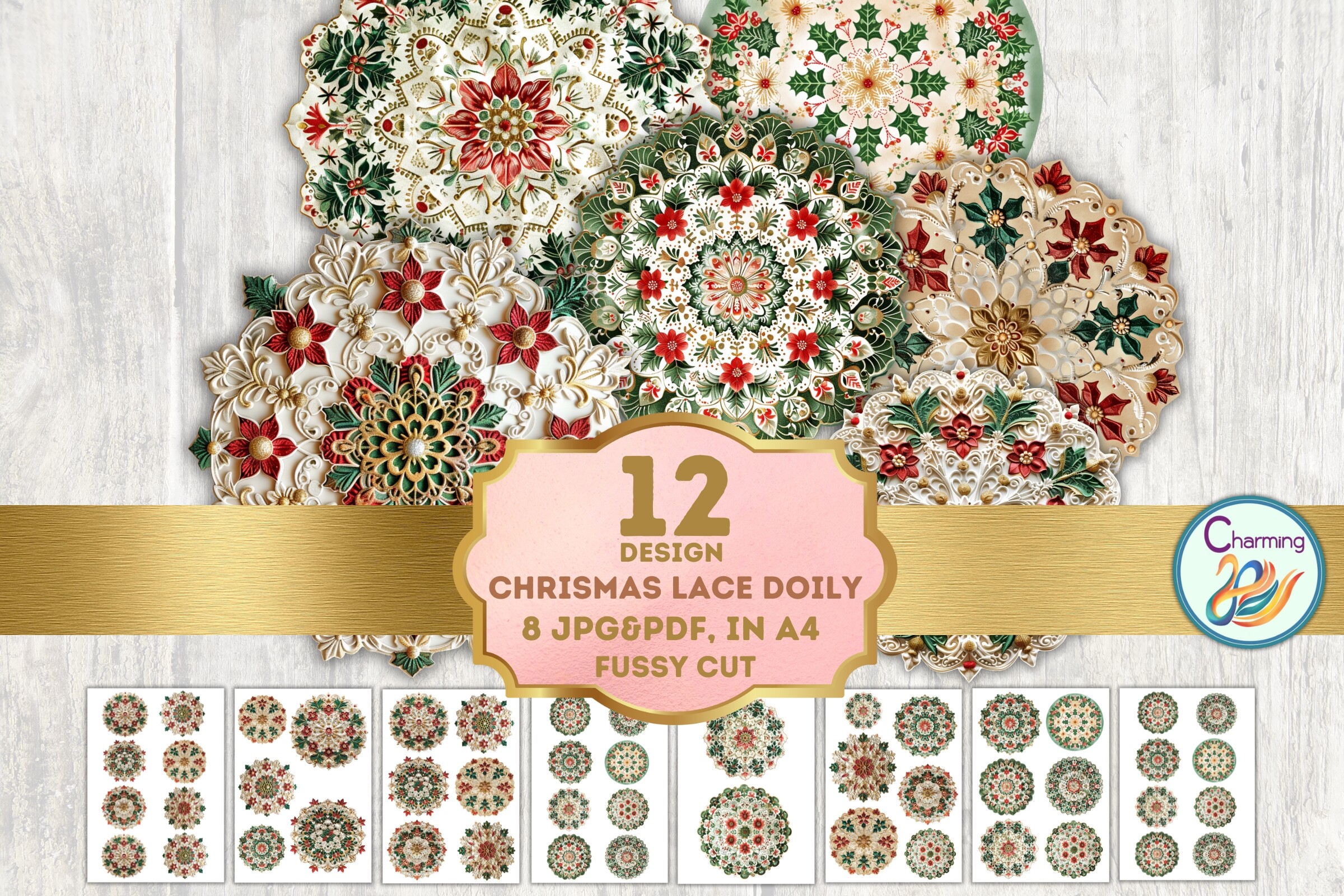 Printable red and green Christmas floral doily lace fussy cuts preview