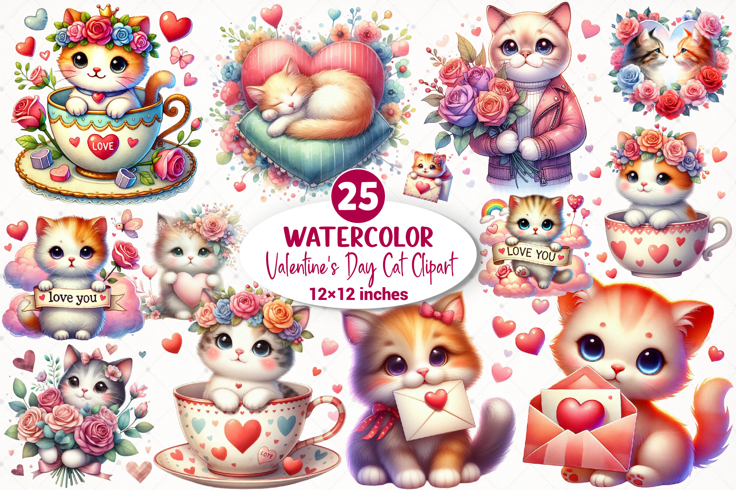 Valentine's Day Cat Clipart Bundle Graphic by SinaCreation · Creative ...