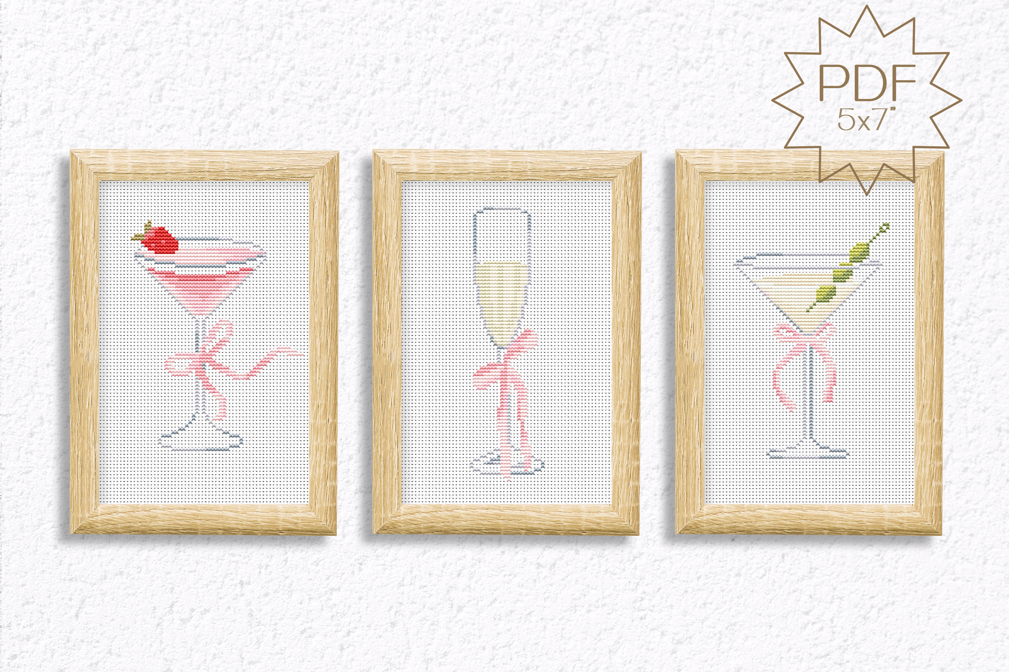 3 Cocktails Cross Stitch Patterns Bows