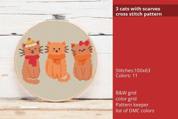 3 Cats with Scarves Cross Stitch Pattern