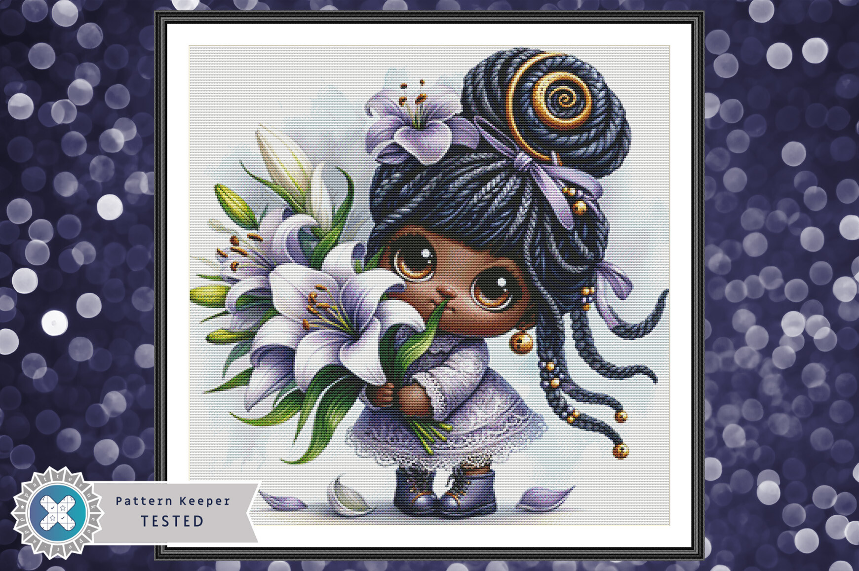 Black Gnome Floral Cross Stitch Pattern