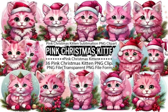 Pink Christmas Kitten Sublimation Bundle for holiday mugs and cat lover gifts