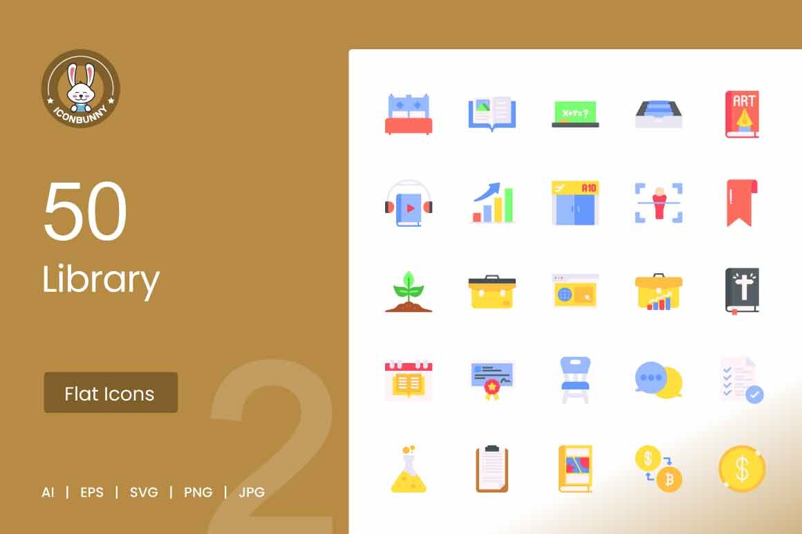 50 Library Flat Multicolor Icons Graphic by IconBunny · Creative Fabrica