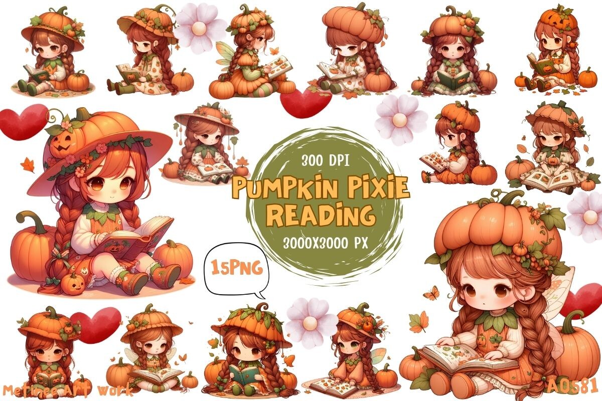 Pumpkin Pixie Reading (A0581) Graphic by METINEE ART WORK · Creative ...