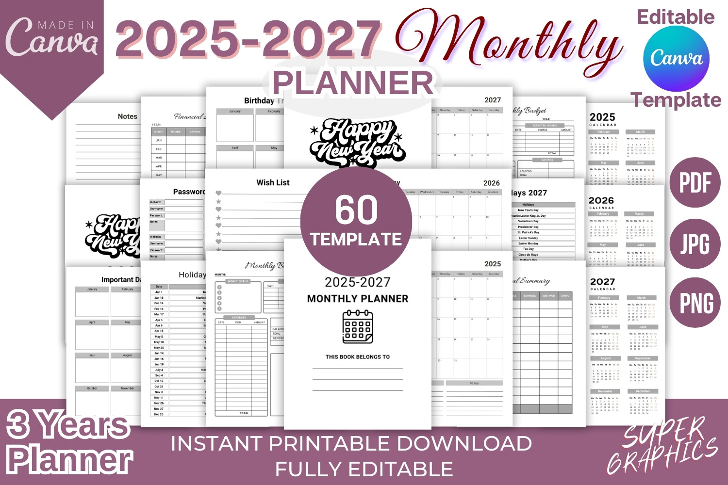 2025 -2027 Monthly Planner 3 Years CANVA